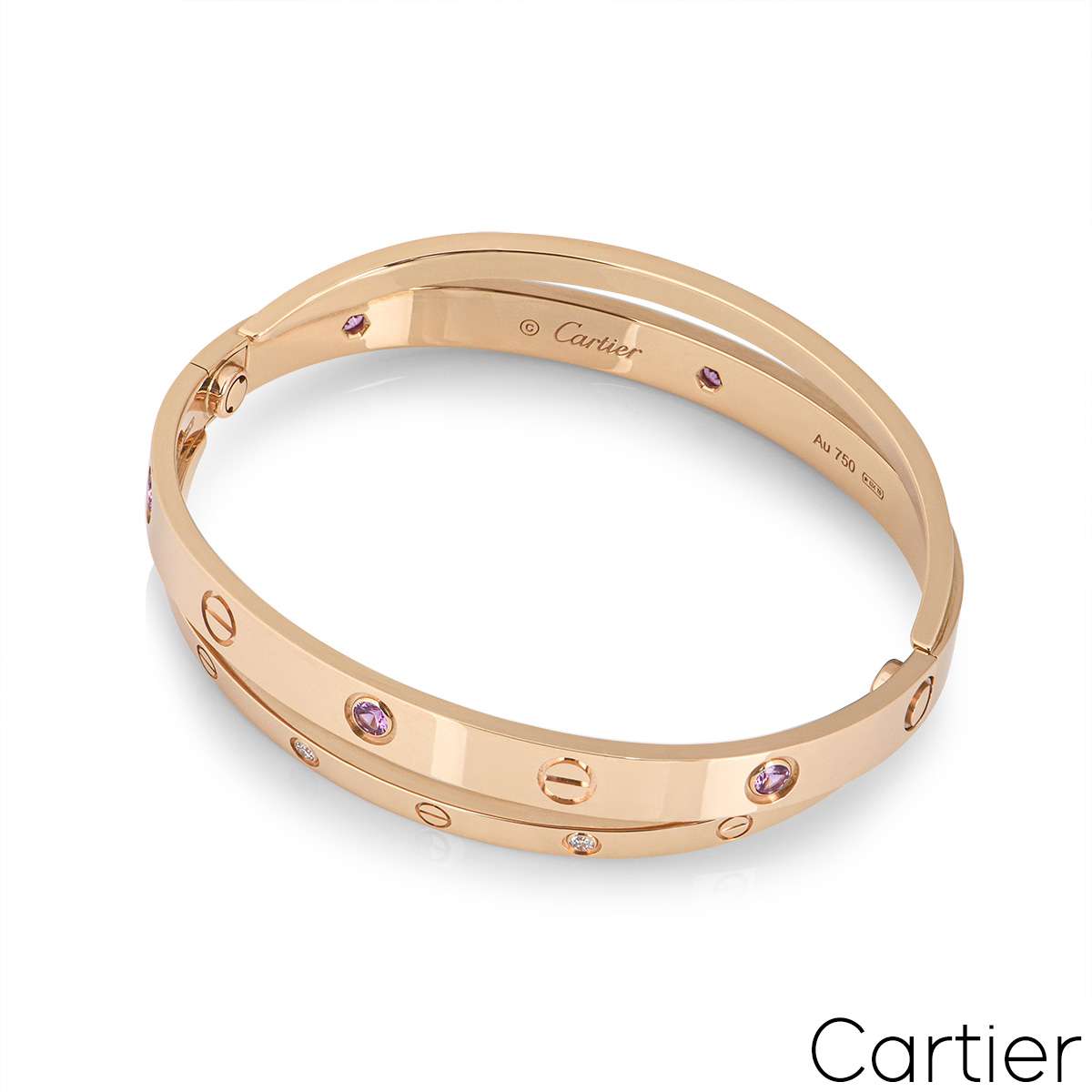 Cartier Rose Gold Half Diamond & Pink Sapphire Double Love Bracelet Size 17 N6705917